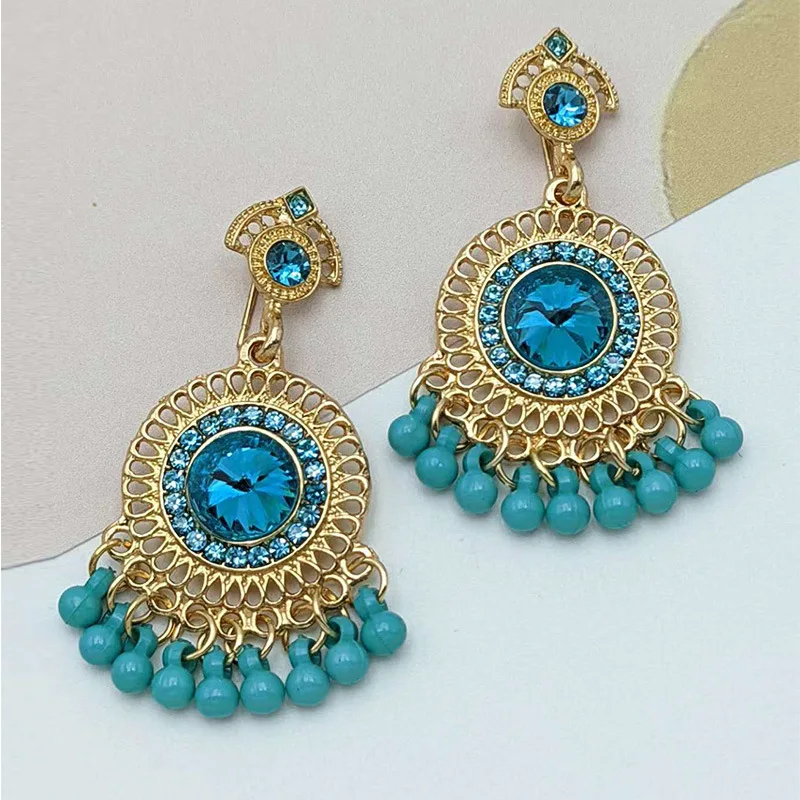 Ethnic Middle Eastern Fashion Indian Earrings Retro Imitation Large Gemstones Tassel Bells Earrings for Women Jhumka Jewelry