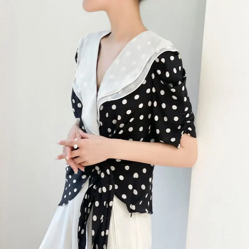 Büro Dame Rüschen V-ausschnitt Bluse Sommer Polka Dot Gedruckt Mode Kordelzug Grundlegende frauen Kleidung Koreanische Kurzarm Shirt