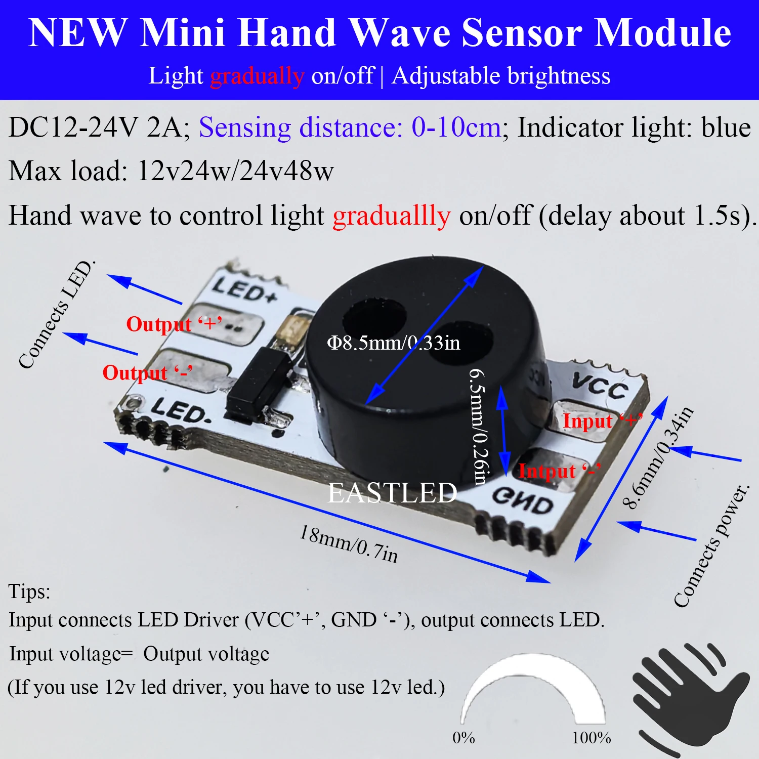 Moduł przełącznika czujnika fali ręcznej Ściemniacz Regulowana jasność 80 mm Wykrywacz krótkich odległości DIY MODE LED PCB DC5V 12V 2.5A