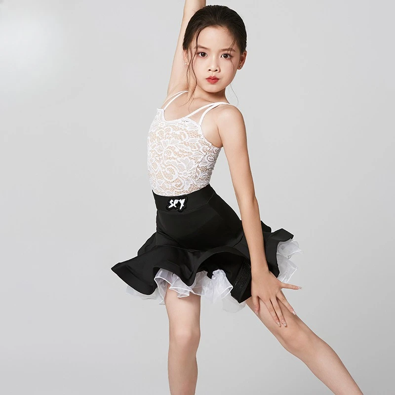 Dziewczęce białe, dopasowane, z odkrytymi plecami, z rozcięciem, stroje do ćwiczeń tanecznych, nowy dziecięcy strój do tańca latynoamerykańskiego z szelkami.