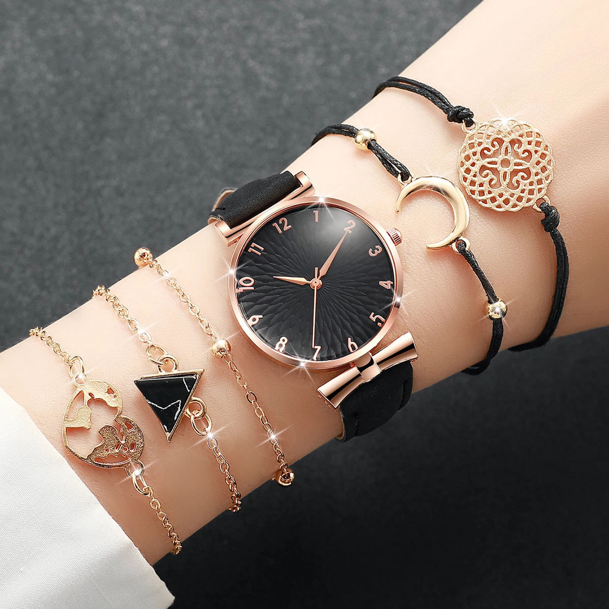 6PCs/Set Women's Minimalist Quartz Watch Fashion Black Leather Strap Watch With Triangle Bracelet