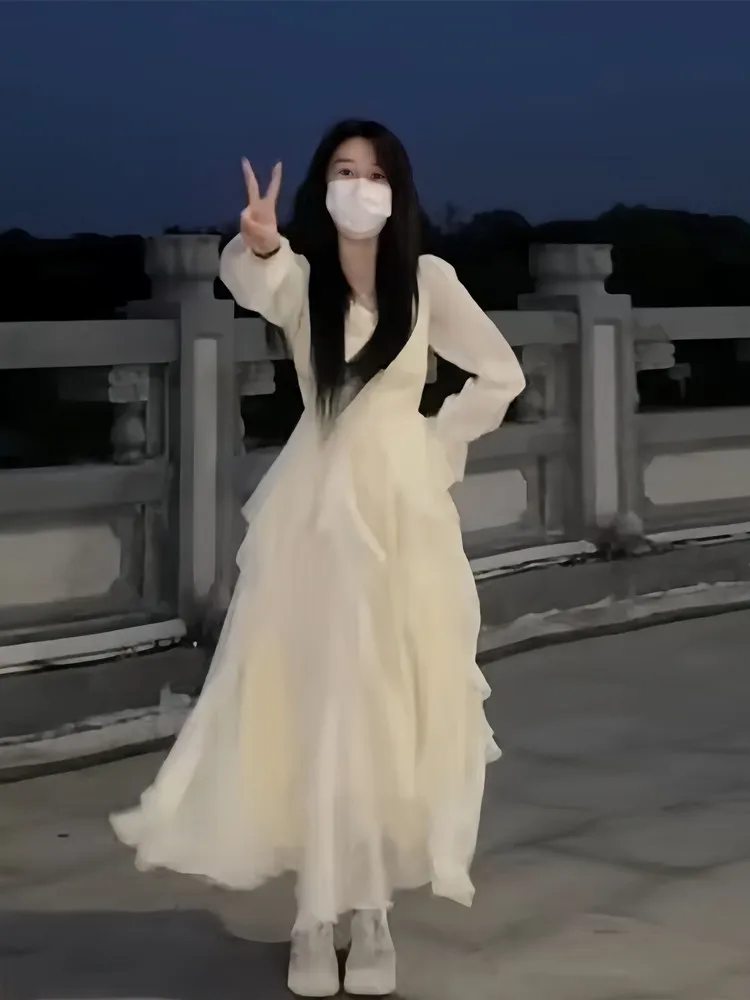 

Женское шифоновое платье Ele Весна-Лето 2026 с кружевной отделкой, очень нежное, длинное, модное, с завышенной талией, на молнии