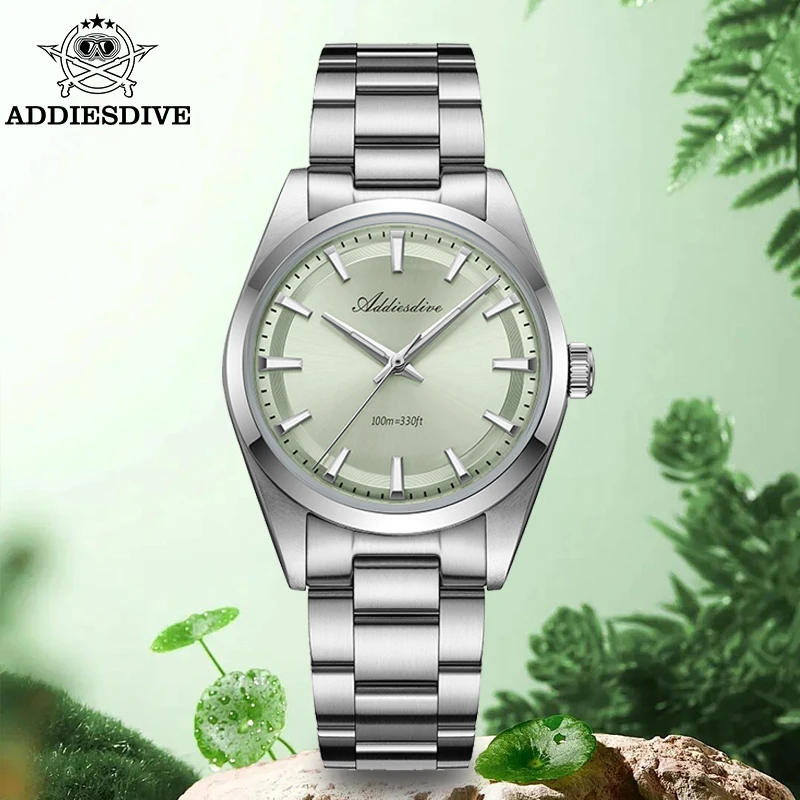 ADDIESDIVE Men‘s Watch New AR Coating Domed Glass White Dial 100m Diving 316L Stainless Steel Luminous VH31 Quartz Watch AD2066