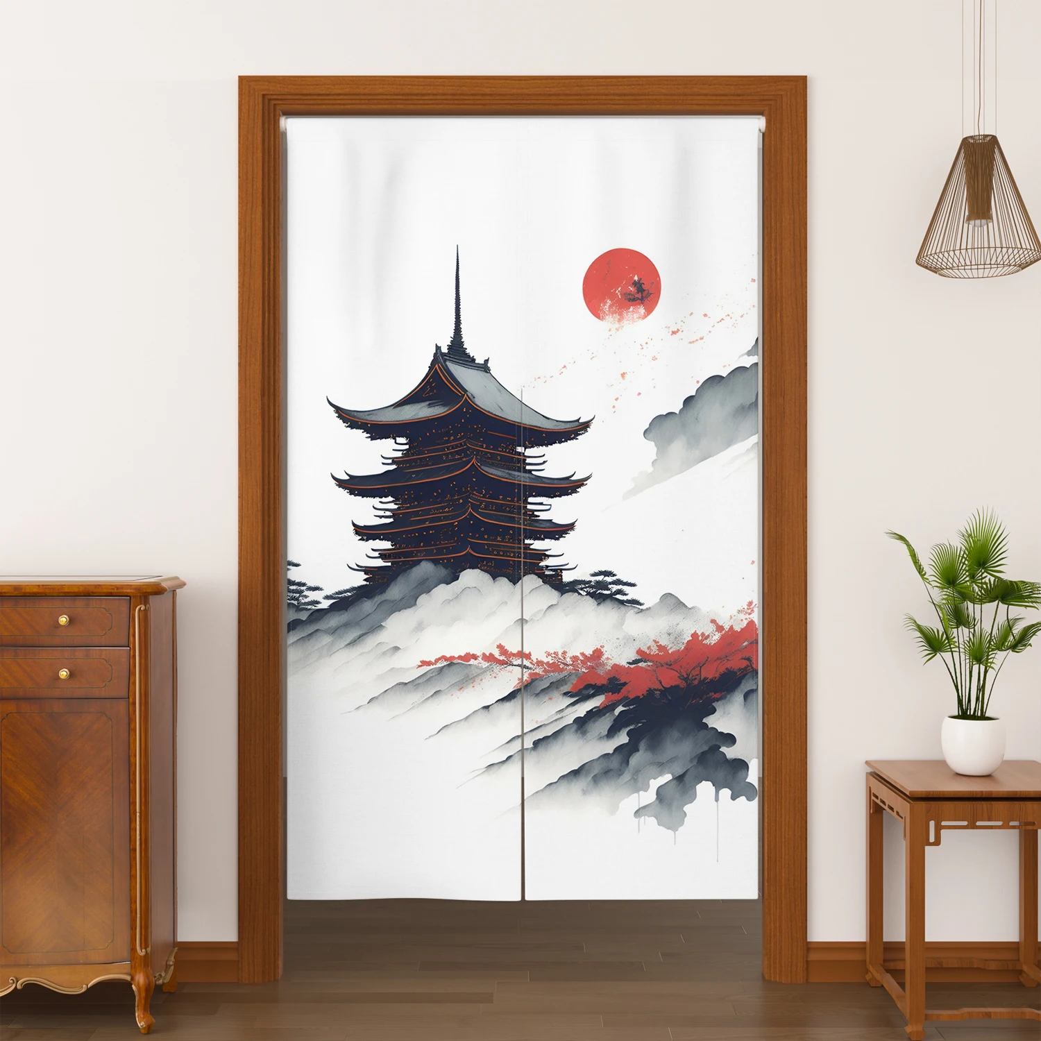 Japanese Noren Door Curtains Landscape Pagoda Pattern Dining Room Partition Linen Doorway Curtain Kitchen Entrance Half Curtains