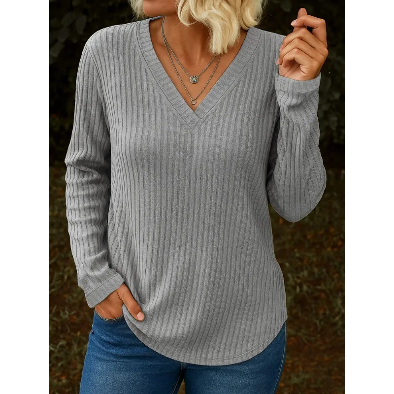 

Women's V-Neck Ribbed Knit Long Sleeve Top Multi-Color Casual Loose Pullover Shirt