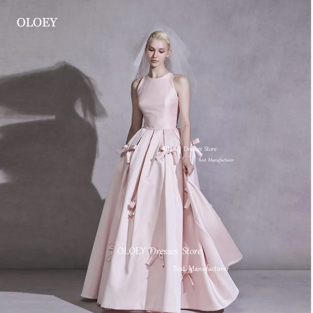 

OLOEY Vintage A Line Satin Wedding Dresses Korea Women Photo Shoot O-Neck Bowknot Floor Length Bridal Gowns Evening Dress