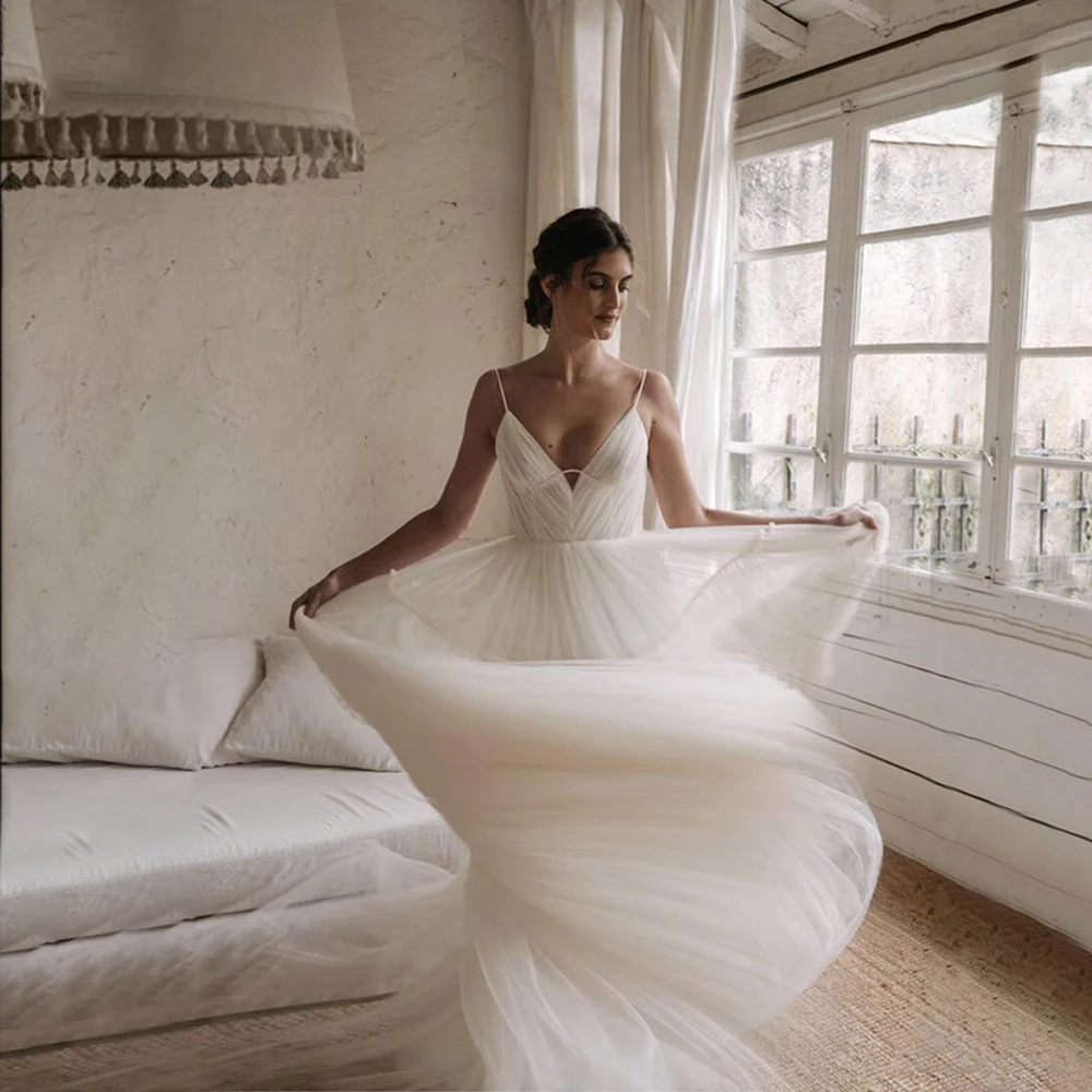 Vestidos De Novia elegantes De tul con Espalda descubierta, cuello en V, línea A, Simple, bohemio, longitud hasta el suelo, 2024