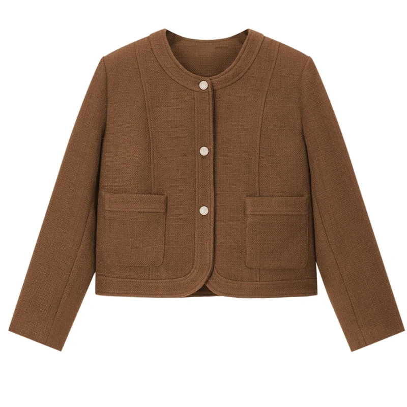 Vimly Women's Tweed Jacket 2025 Autumn Round Neck Single-Breasted H-Line Long Sleeves Coat Elegant-style Warmth Overcoat A0057