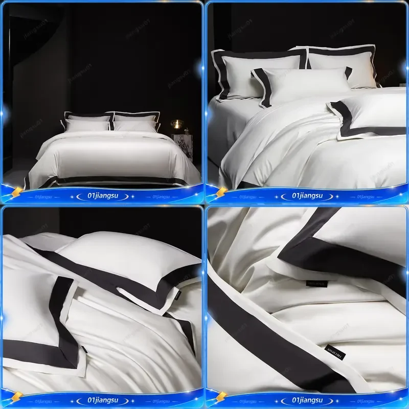 4Pcs 1000TC Egyptian Cotton Bedding Set Solid Color Hotel Style Duvet Cover Fitted Sheet Pillowcases Luxury Wide Edge Bed