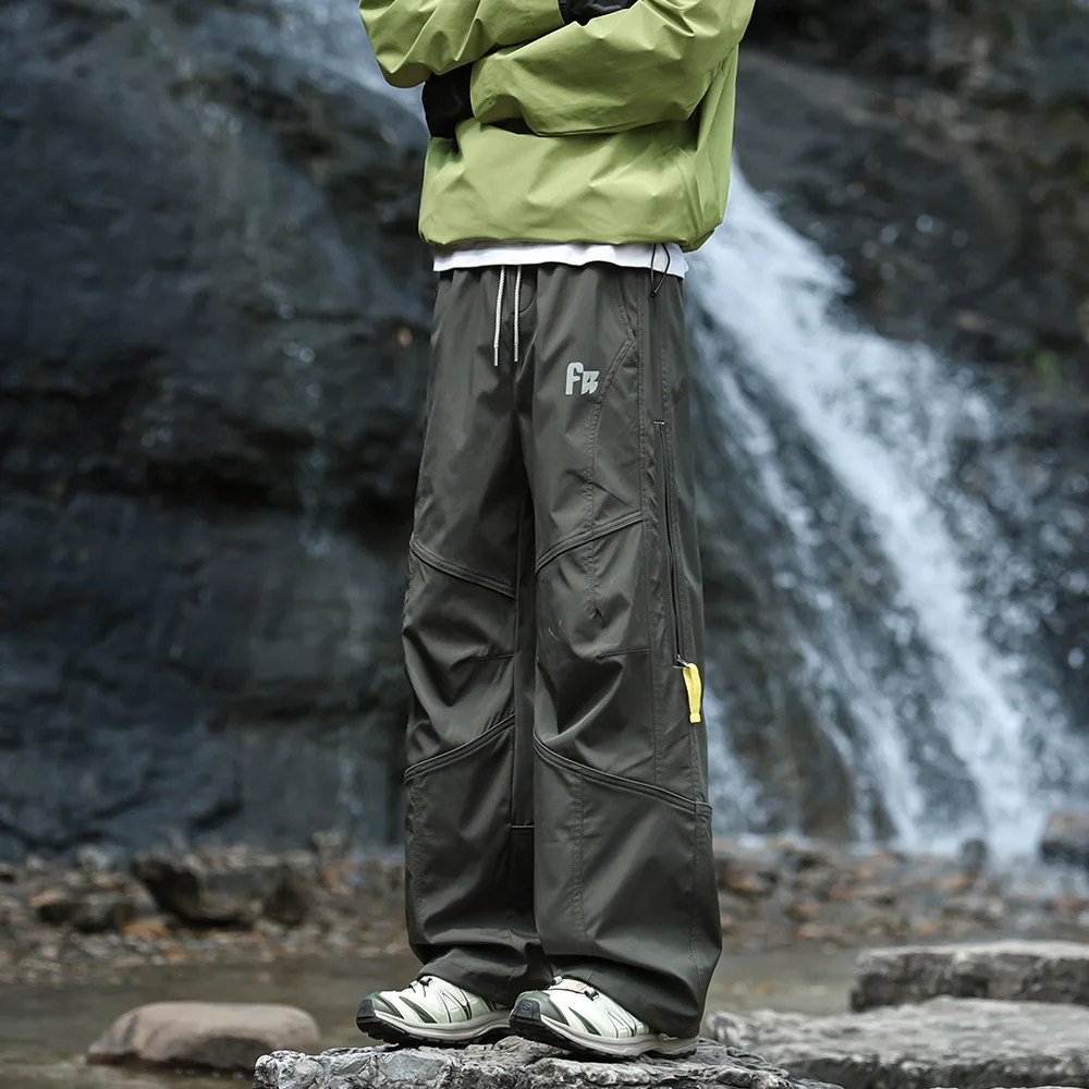 Unisex Outdoor Cargo Pants Windproof Waterproof Hiking Trousers Drawstring Waist Loose Straight Leg Functional Tactical Pants Ca