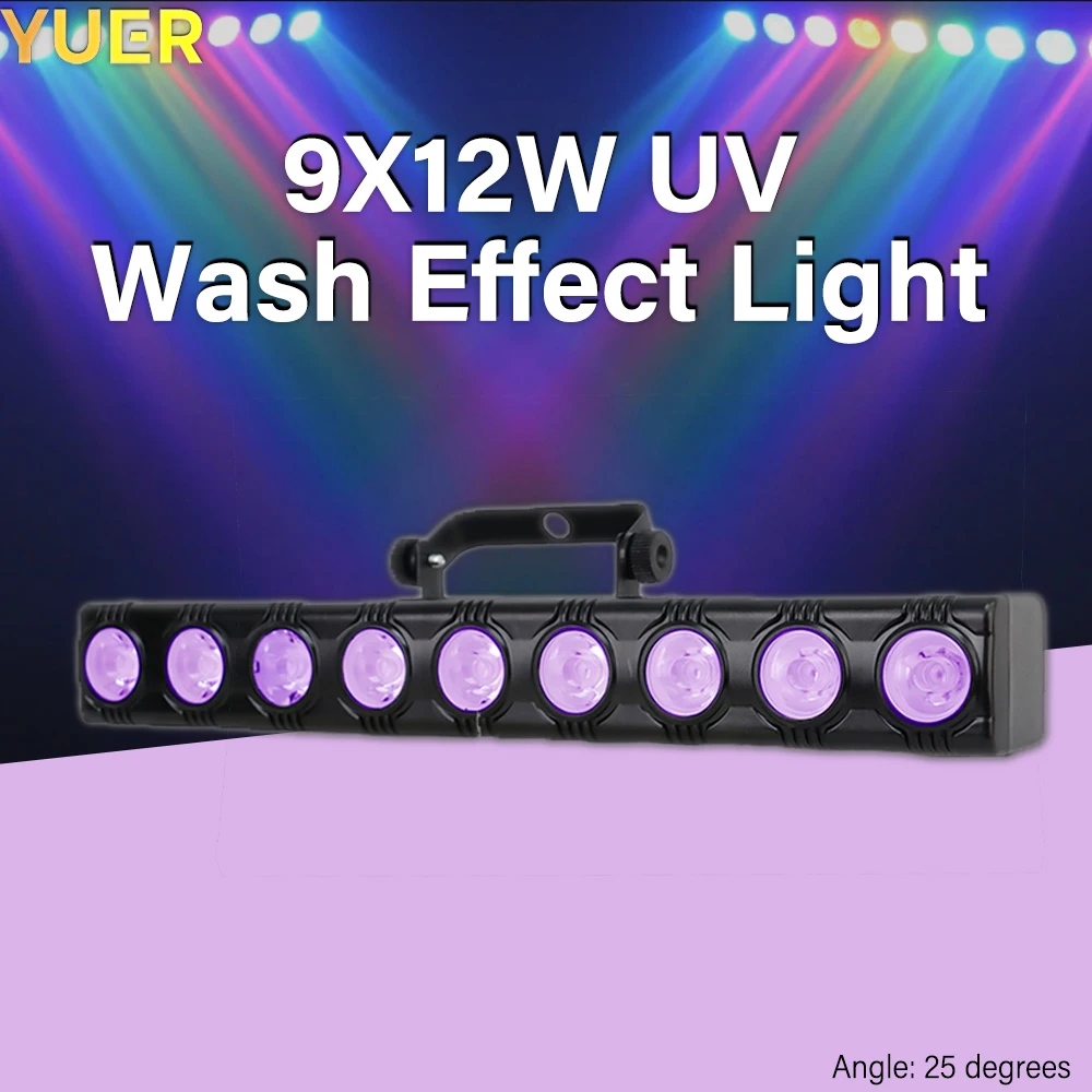 yuer uv luz de palco com controle dmx design leve som ativado para boate bar desempenho de dj festa 9x12w 60w ip20 01