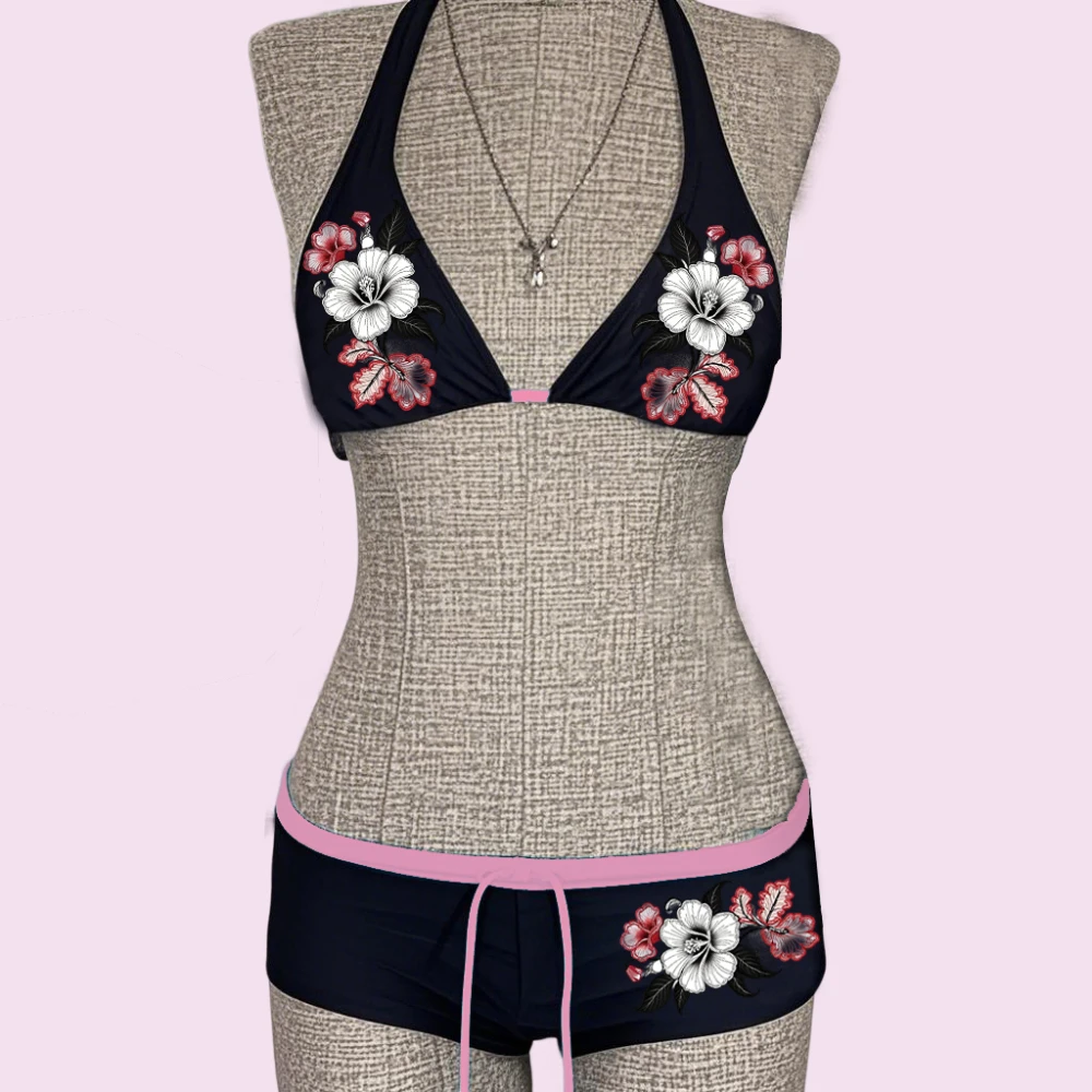 

UETEEY 2025 Новинка: Летний комплект купальников-бикини, сексуальный, с принтом, кружевной спинкой, открытый, из 2 предметов, женский, с разрезом, пляжный