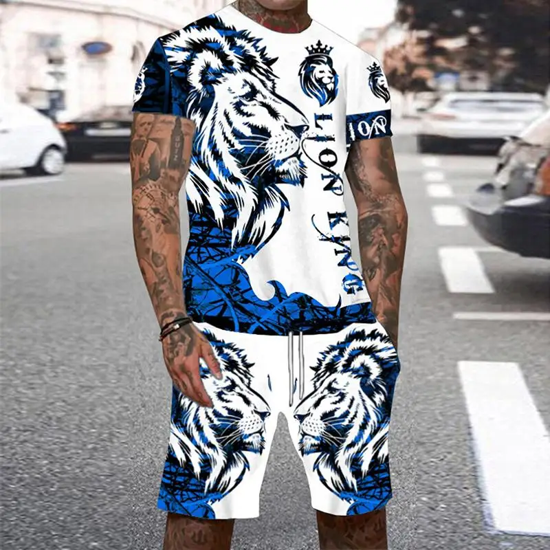 Ensemble de survêtement pour homme avec imprimé 3D de tigre, vêtements de plage décontractés, t-shirt à col rond à manches courtes, shorts, vêtements de sport pour homme, ensemble de 2 pièces