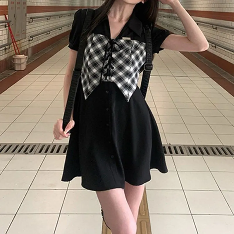 American Retro Plaid Patchwork Mini Dress Women\'s Clothing Lapel Stylish Irregular Summer Hotsweet Drawstring Button Dresses New