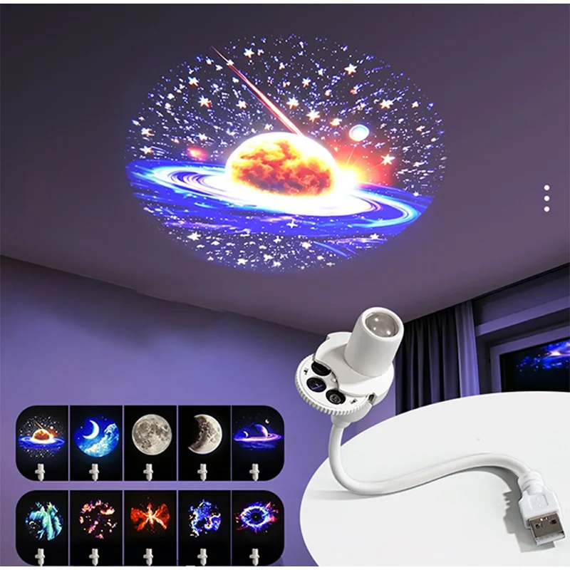 2-in-1 Starry Sky Projection Galaxy Nightlight USB Plug-in Mini LED Ceiling Background Lamp Bedroom 360° HD Moon Atmosphere Lamp