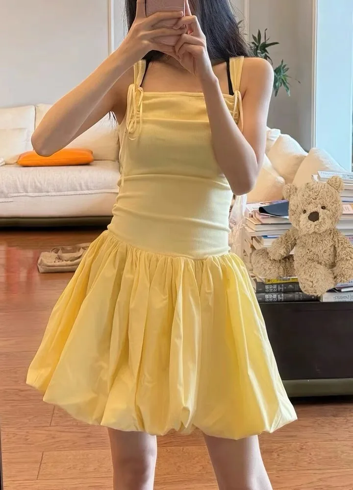 

Sweet Summer Yellow Gown Women's Cotton Blend High Waist Ruffle Skirt Strapl Dr Floral Print ort Length A-Line Silhou...