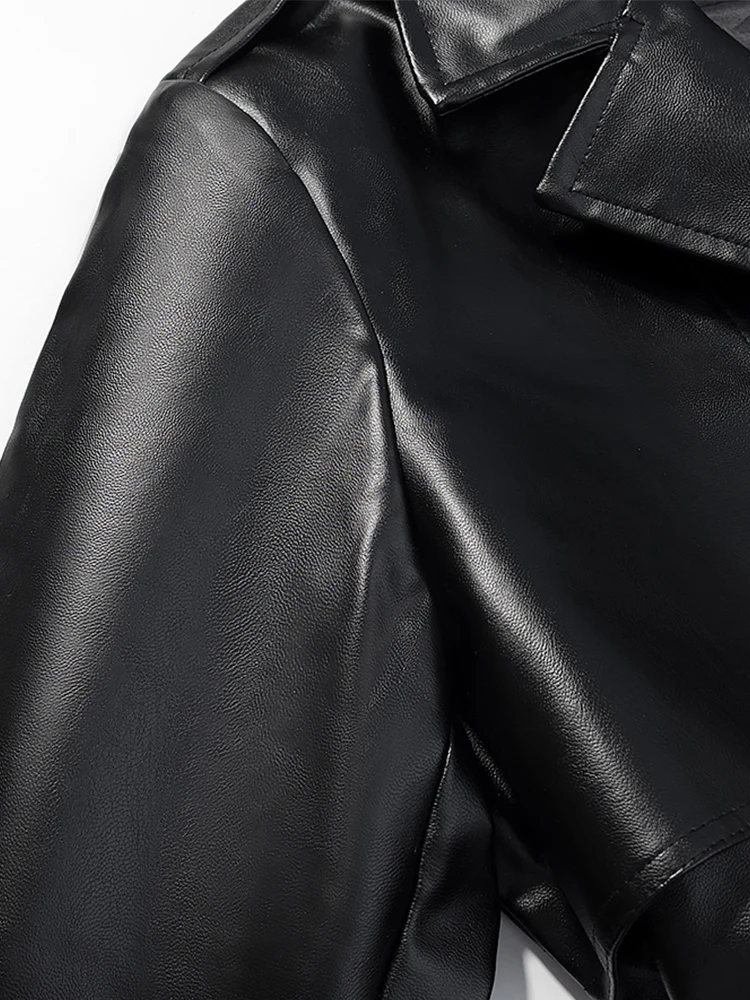 European and American style autumn new women's clothing fashionable simple lapel loose with belt imitation leather trench coat