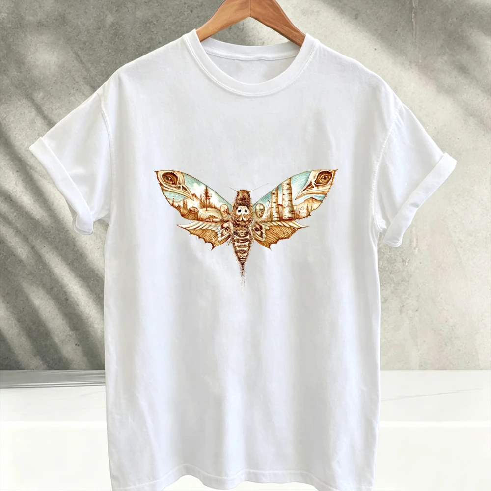 Surreal Death Head Moth Printed Cotton T-Shirt Dark Fantasy Forest Landscape Insect Art Short Sleeve Graphic T Shirts  Y2k Top