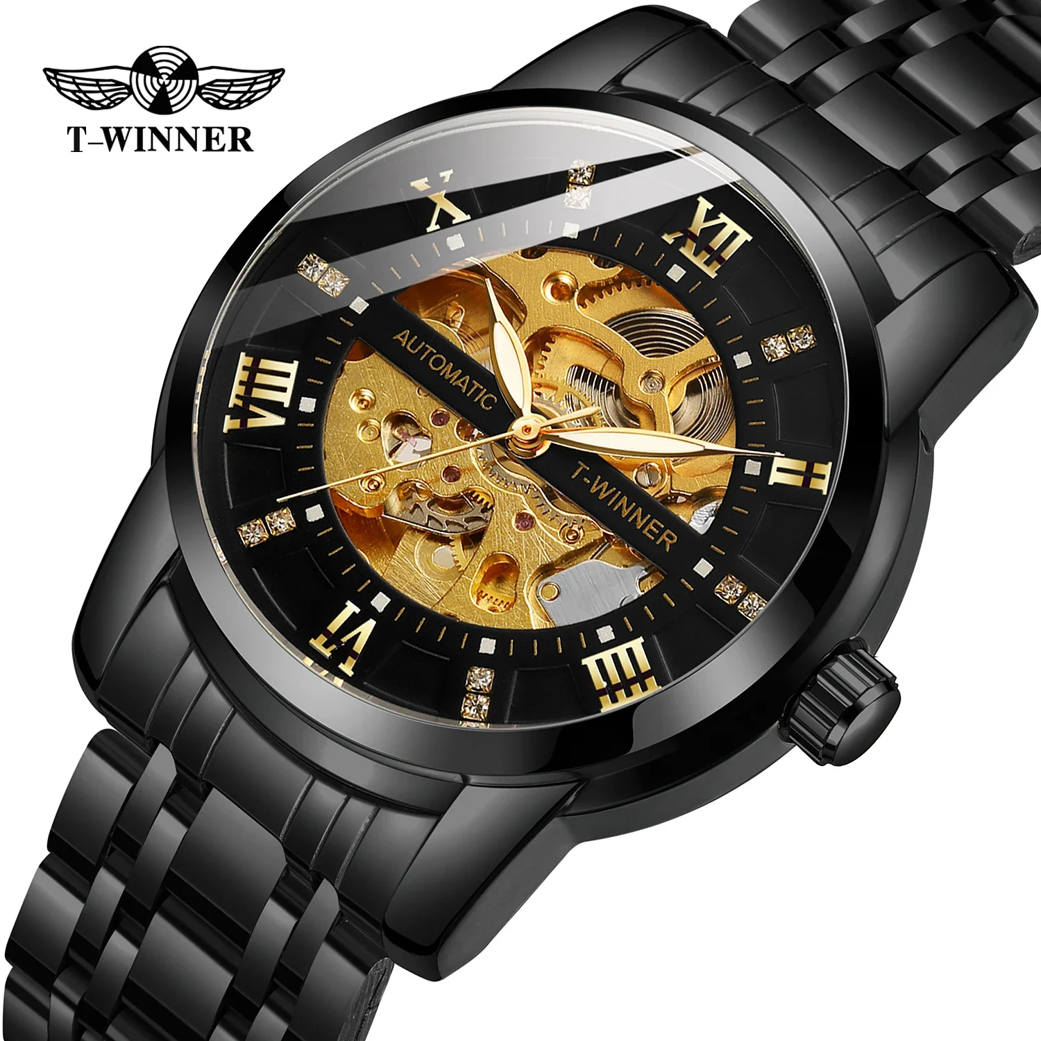T-WINNER Trendy Sport Men Watches Skeleton Automatic Mechanical Rhinestone Luminous Pointers Stainless Steel Business Wristwatch