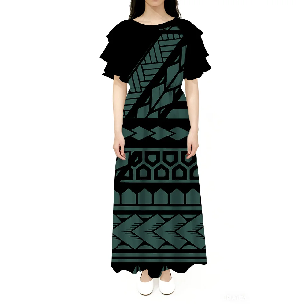

Customized Tribal Design Lotus Leaf Sleeves Round Neck And Cinched Waist Polynesian Women'S Dress Custom-Made Loose Long Dress