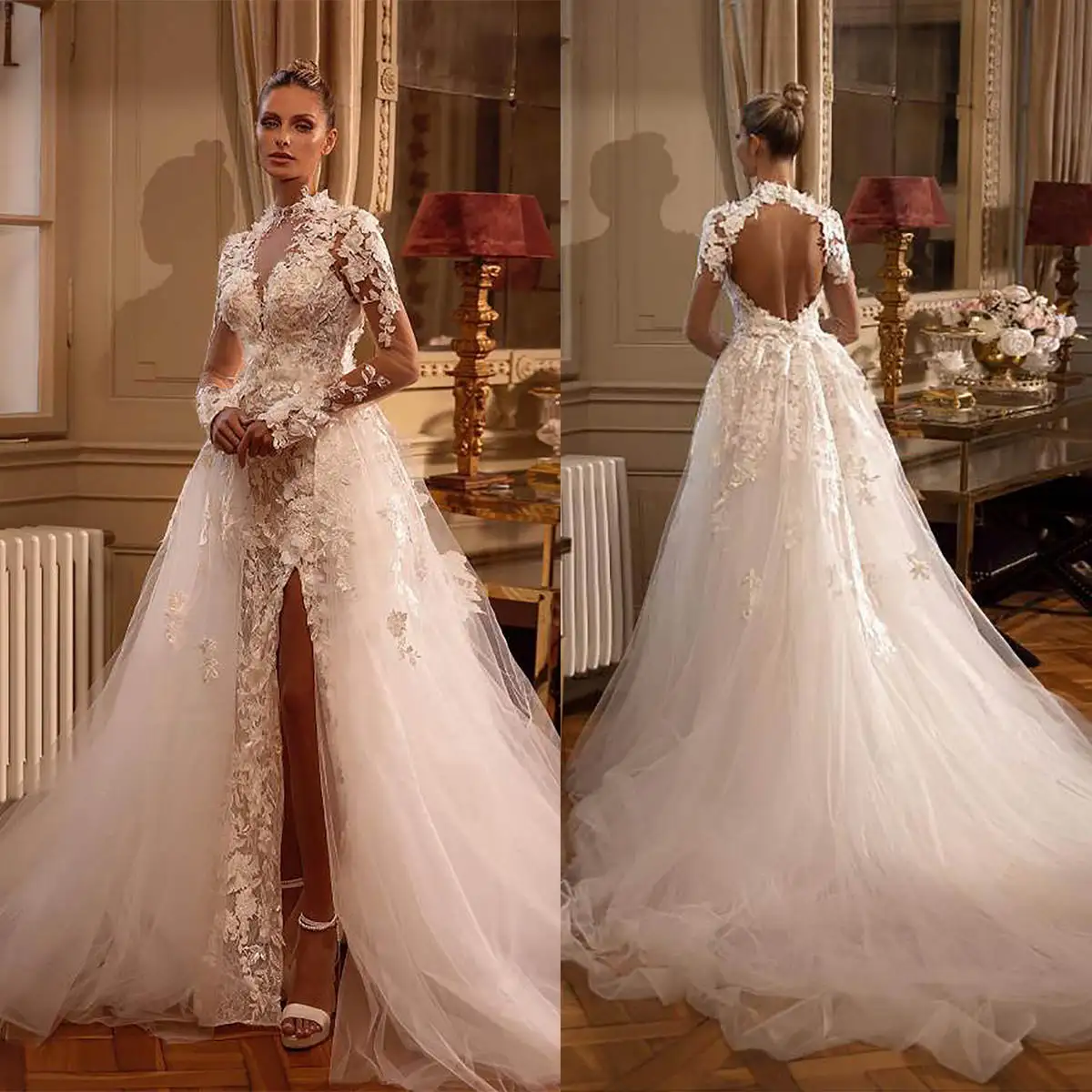 Robe de mariée sirène faite à la main avec appliques, col haut, fente latérale, sexy, dos nu, robe de patients, train de balayage, personnalisée