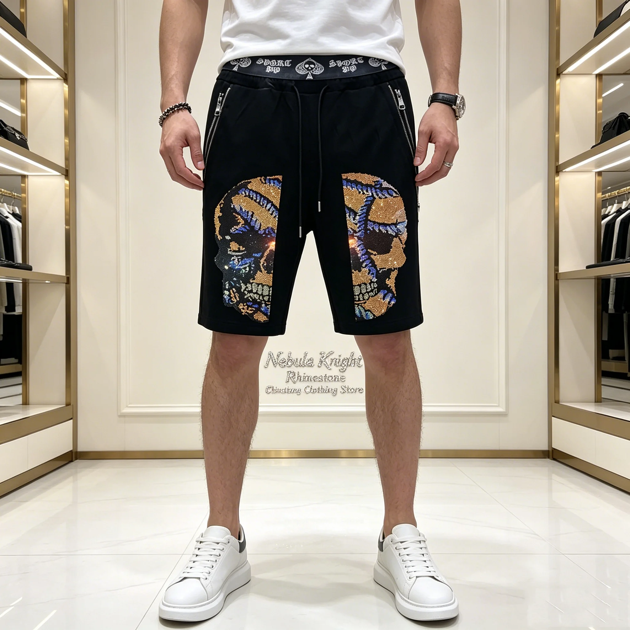 Summer European Men Rhinestone Sports Shorts Drawstring Waist Zipper Pocket Casual Running Beach Shorts