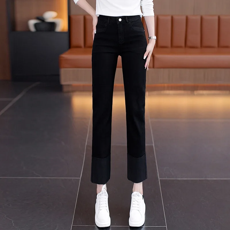 جينز مستقيم الساق للنساء، للربيع والخريف، خصر عالي، تنحيف، متعدد الاستخدامات، تسع نقاط، صغير الحجم، سروال أسود