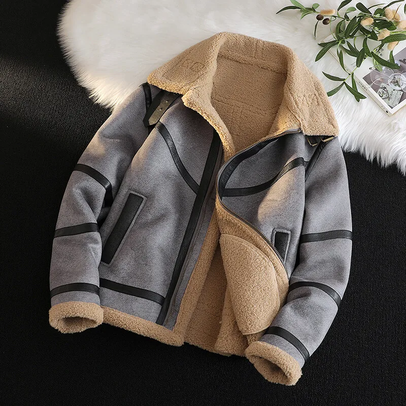 

Men's Winter Thiened Suede Jaet Lamb Velvet Lined Fur Coated Zipper Closure Casual Faion Ci Sle Long Sve Coat