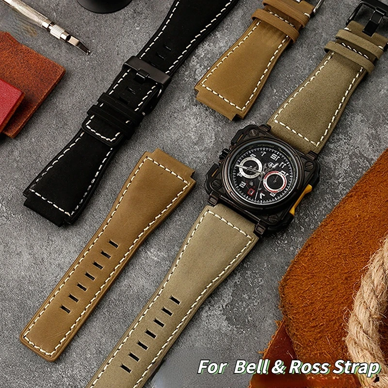 For Bell & Ross B&R BR-01 BR-03 Strap High Quality Genuine Leather Watchbands Men's wristband Wrist Belt Bracelet 34*24mm Convex