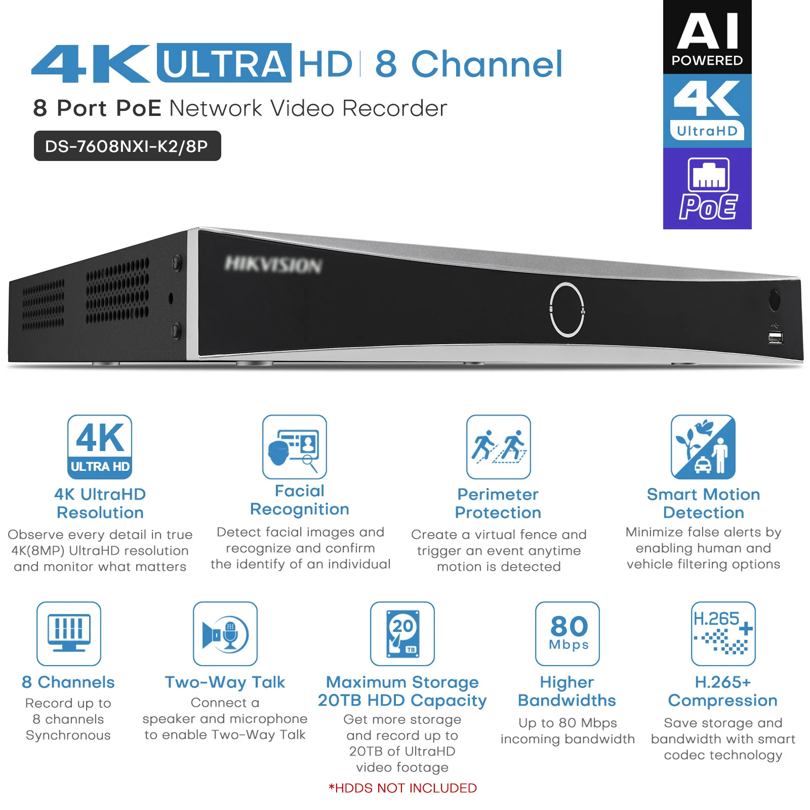Hikvision DS-7608NXI-K2/8P 8CH AcuSense 8PoE NVR 2SATA HDMI Smart 4K Network Video Recorder Human Vehicle Detection Business NVR