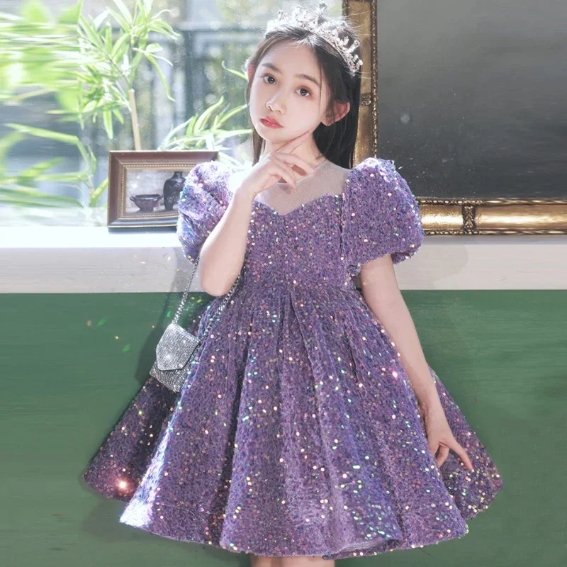 

2024 Evening Wedding Kids Formal Occasion Party Dresses for Little Girls Special Events Purple Sequins Short Gown Luxury Pageant