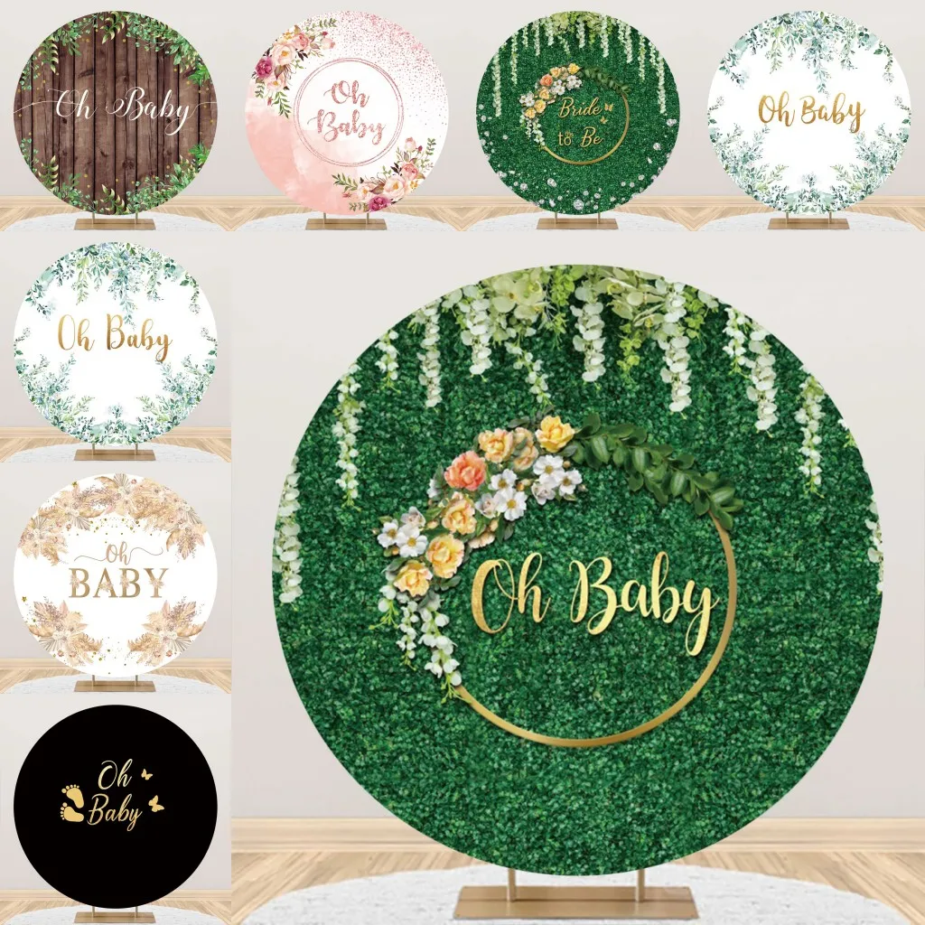 

Oh Baby Green Grass Wall Photo Background Floral Wreath Wooden Board Kids Birthday Newborn Round Backdrop Cake Table Decor