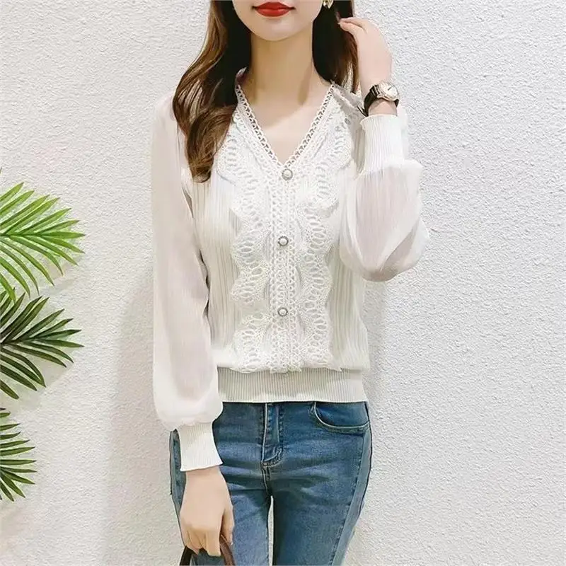 

Spring Autumn Women's V-ne Lace Chiffon Long Sve Top Korean Sle Faionable Versatile Base Layer irt Quali Fabric