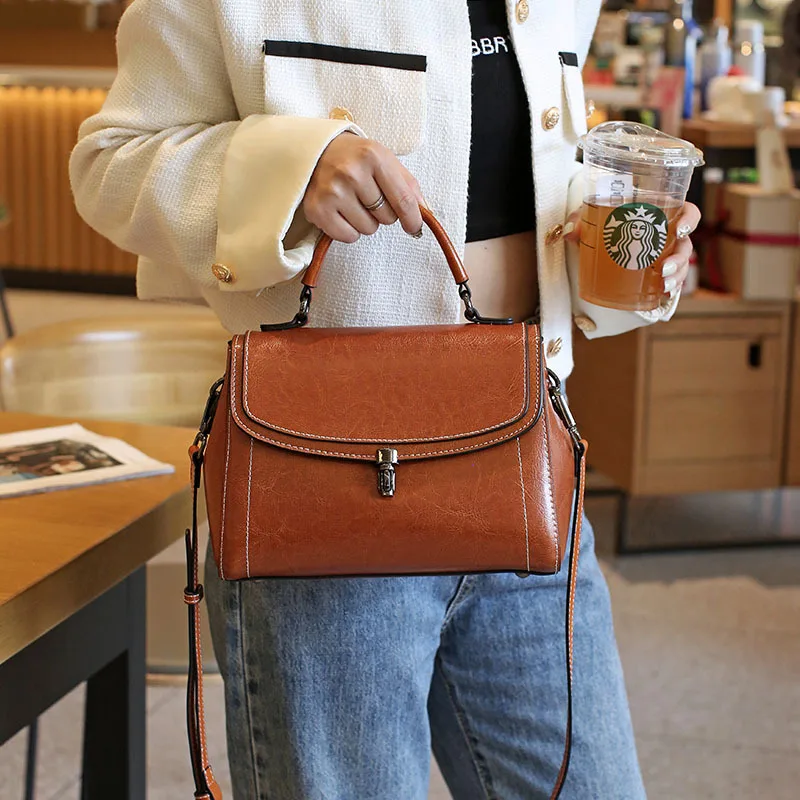 Genuine leather crossbody portable small bag women 2023 new soft cowhide large capacity wide shoulder strap single shoulder bag