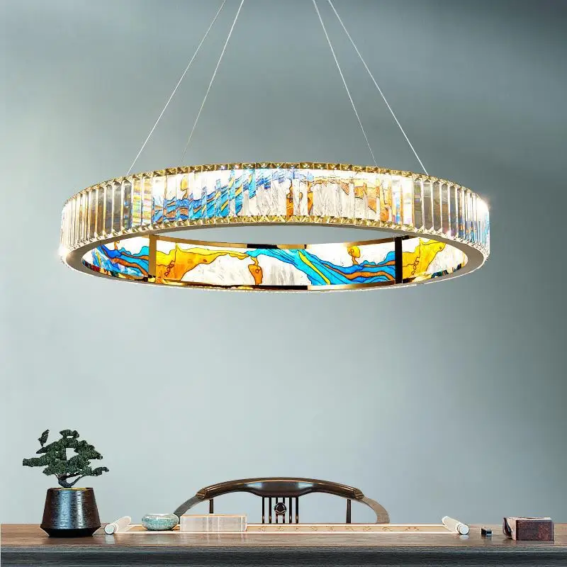 Coloured Enamel Crystal LED Pendant Light, Modern Pendant Lamp para sala de estar, quarto, redondo, oval Luminária, Home Decor