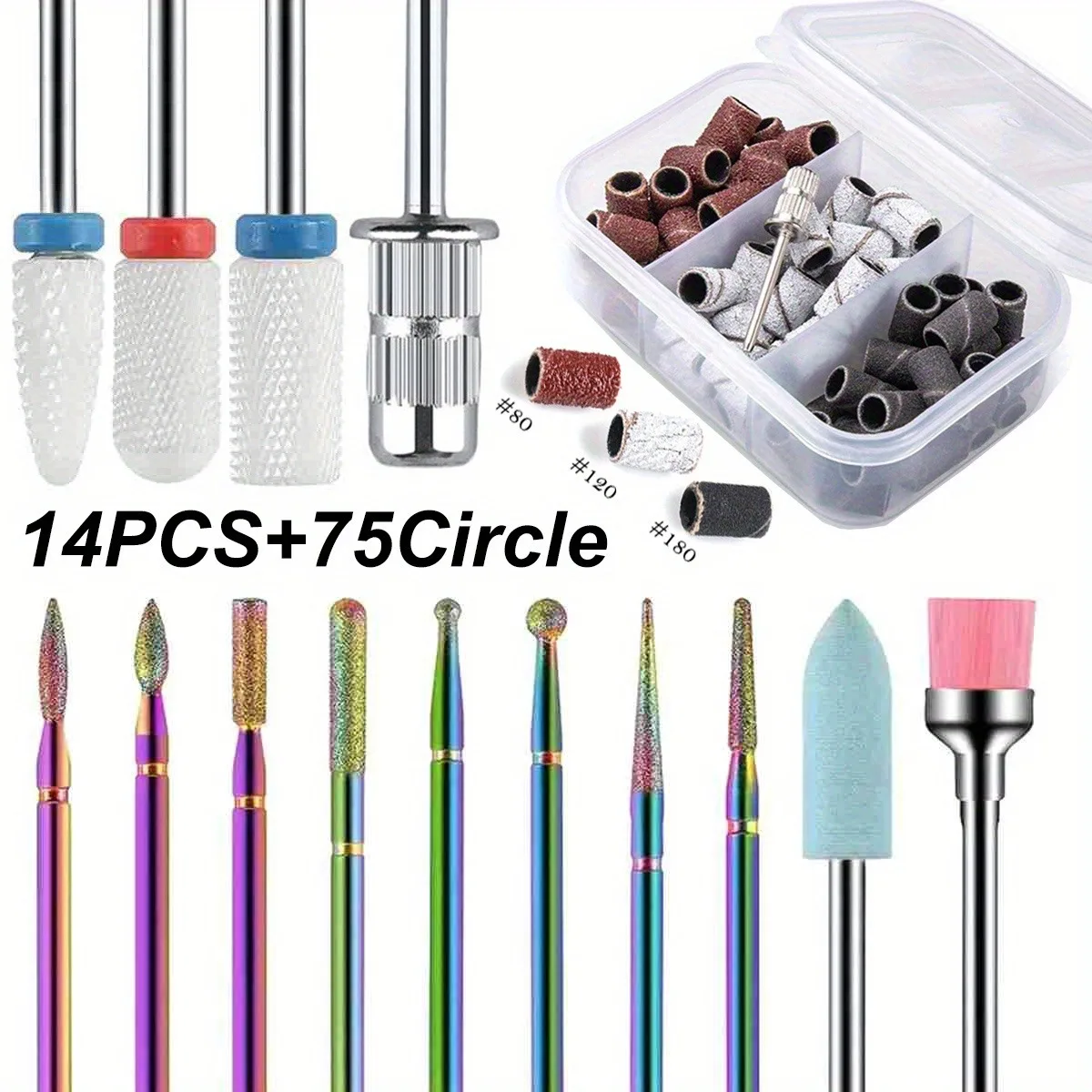 

14Pcs+75Pcs Caps Sanding Bands 180/120/80 Grit Professional Tungsten Steel Ceramic Nail Drill Bit Set Electric Manicure Nail