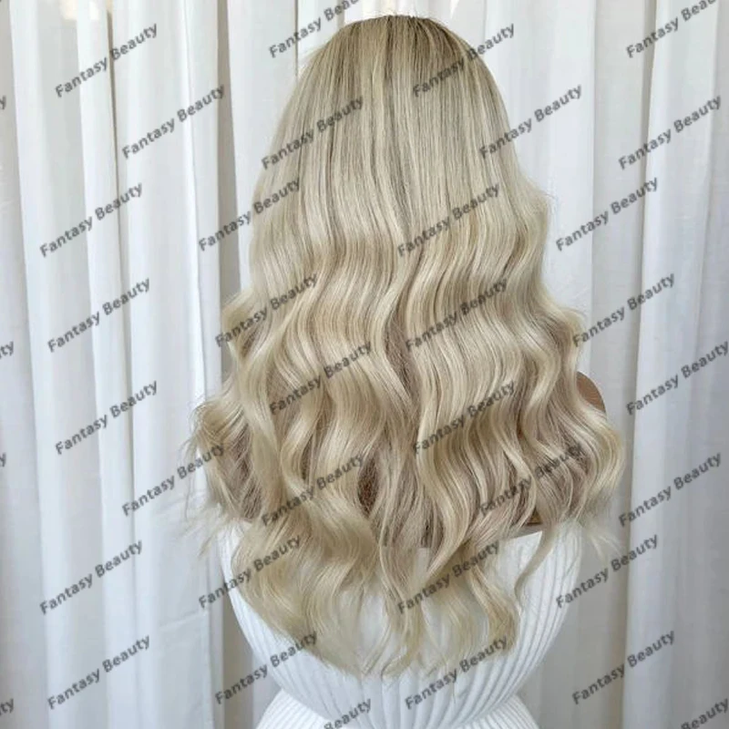 Curto corpo onda peruca com ajustável Médio V Parte, U Parte Perucas, Glueless, U Parte, Brown Raízes, Platinum Blonde, 180 Densidade, desgaste diário, Top Quality