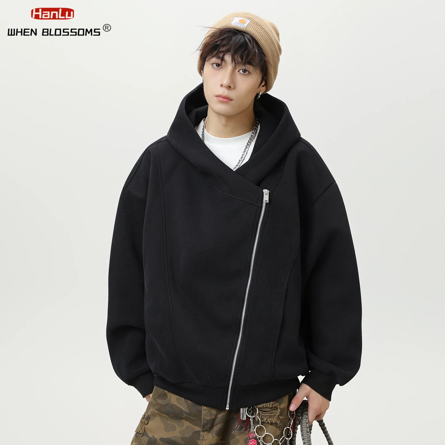 

HANGLU 2025 Men's Diagonal Zip Hooded Sweatshirt Heavyweight Short Boxy Fit American Streetwear Jacket