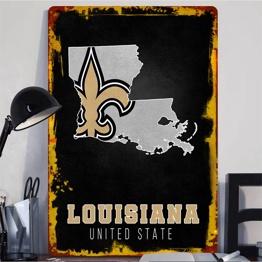 نيو أورليانز القديسين شعار معدن القصدير تسجيل خريطة ولاية لويزيانا NFL كرة القدم مروحة ديكور جدار الفن