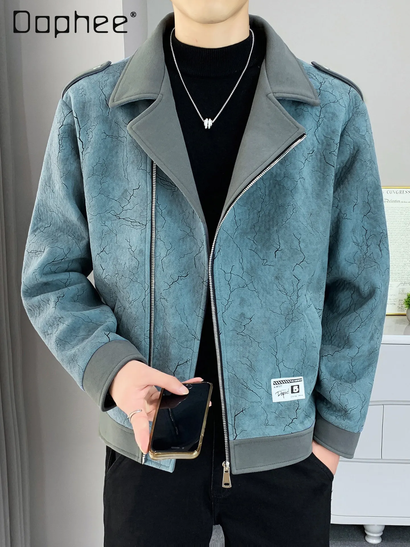 Autumn Winter Commuting Style Men's High-end Handsome Short Blue Lapel Jacket Loose Casual Beige Black Padded Thickened Jacket