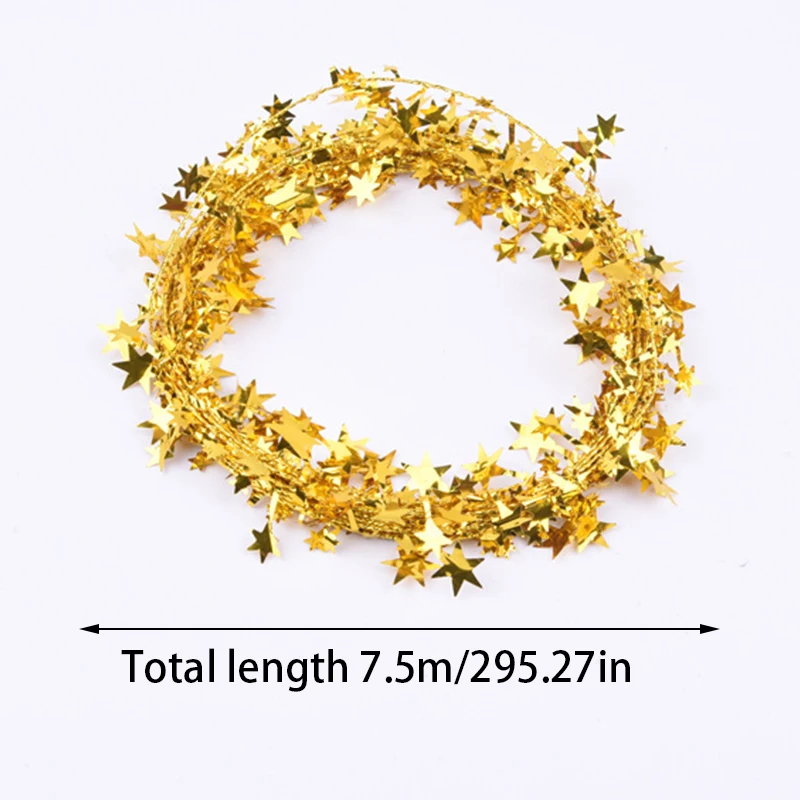 New 7.5meters Gold Silver Stars Wire Garland Tinsel Star Rattan Xmas Tree Decoration DIY Home Wedding Birthday Christmas Part