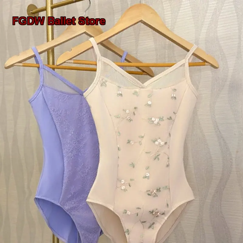 Women's Dance Dress Spaghetti Strap Lace Body Suit Basic Training Chinese Dance Unitard Yoga Leotard