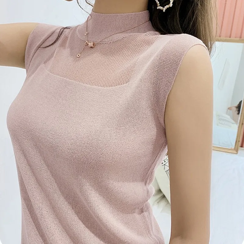 المرأة وهمية الرقبة تانك القمم شبه شير أكمام المحاصيل الأعلى خفيفة الوزن متماسكة سترة الصيف في سن المراهقة فتاة الزي الأساسي