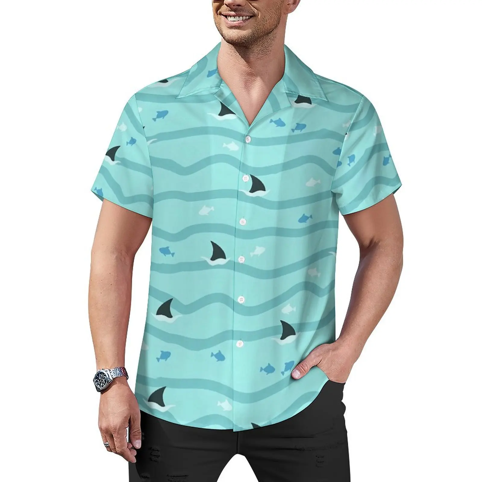 Waves And Shark Fin Print Beach Shirt  Summer Casual Shirts Male Elegant Blouses Short Sleeves Comfortable Design Clothes