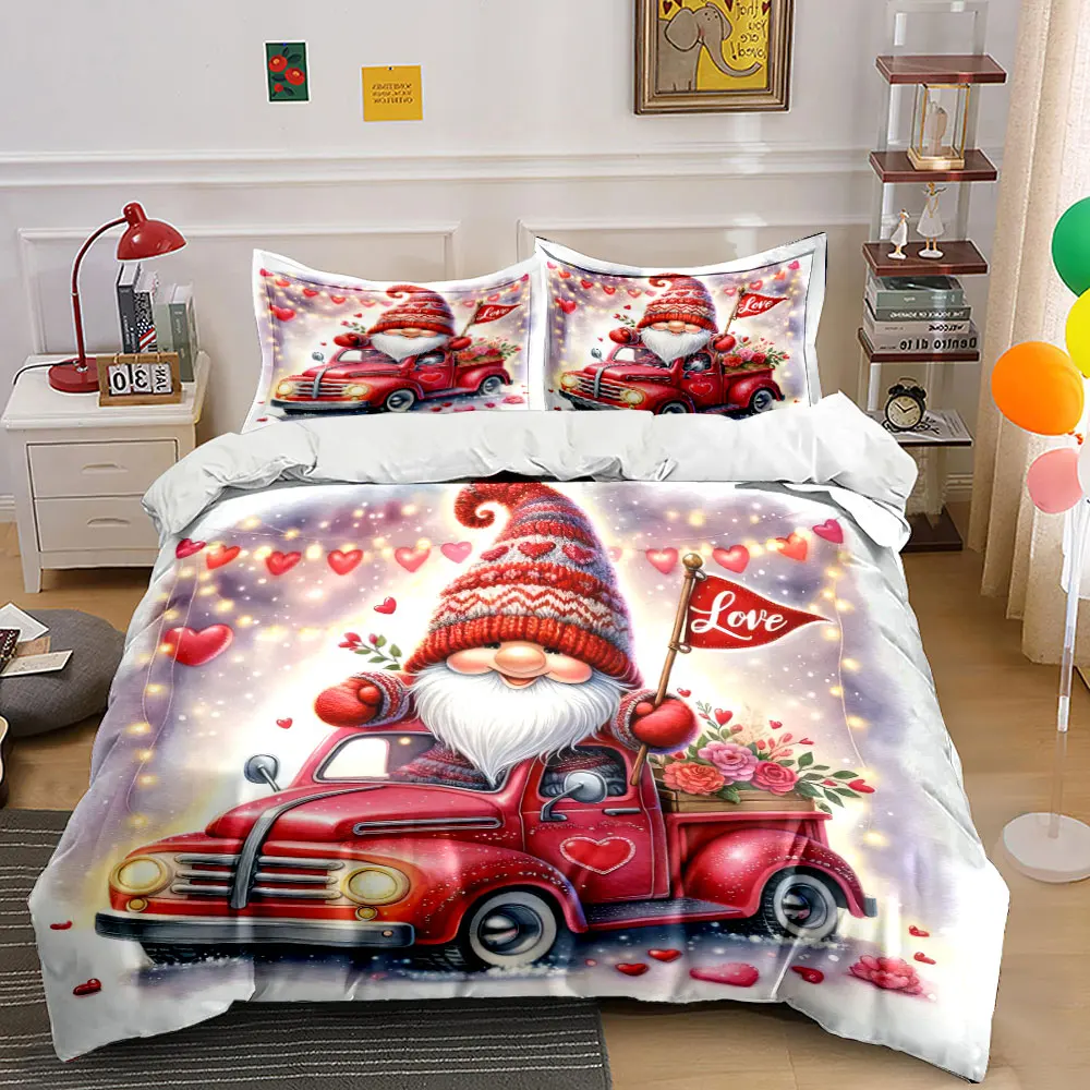 Festive Gnome with Love-Themed Truck Print Duvet Cover Bedding Set Included 1*Duvet Cover 2*Pillowcases Luxury gifts
