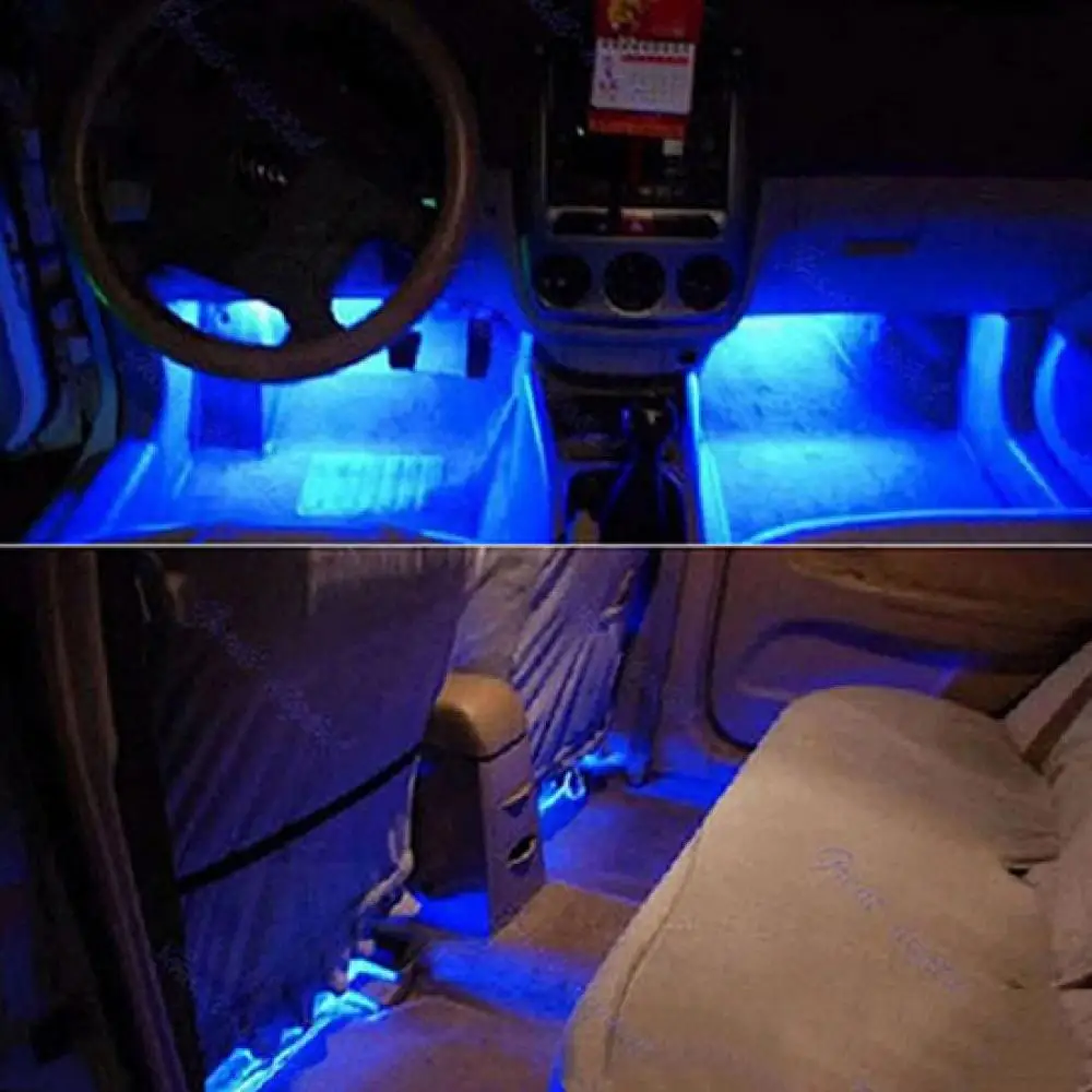 Universal 4 In 1 12V Blue Car Atmosphere Lamp Charge LED Interior Floor Decoration Lights