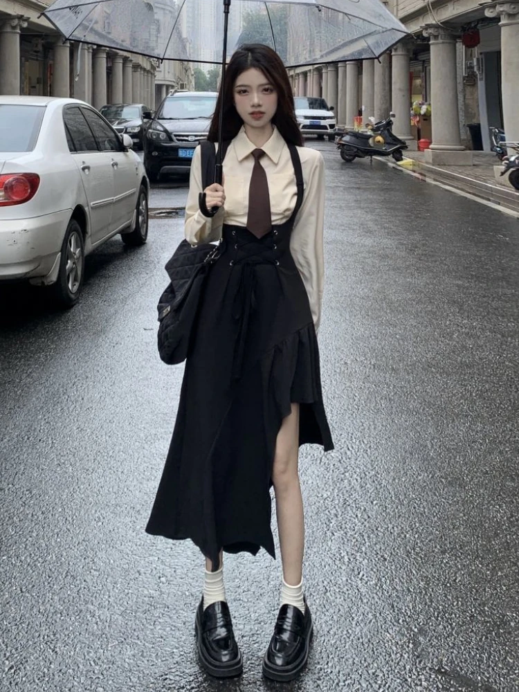 Autumn Women Sets Ulzzang Slim Irregular Design Chic Midi Dress Gentle Leisure Crop Shirts Daily Outfits Sweet Students Elegant