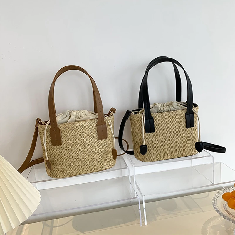 Knit Travel Bags Straw Woven Beach Bag Wrist Pack Women Handle Female Bucket Tote Bags Rattan Ladies Purses Handbag - Image 5