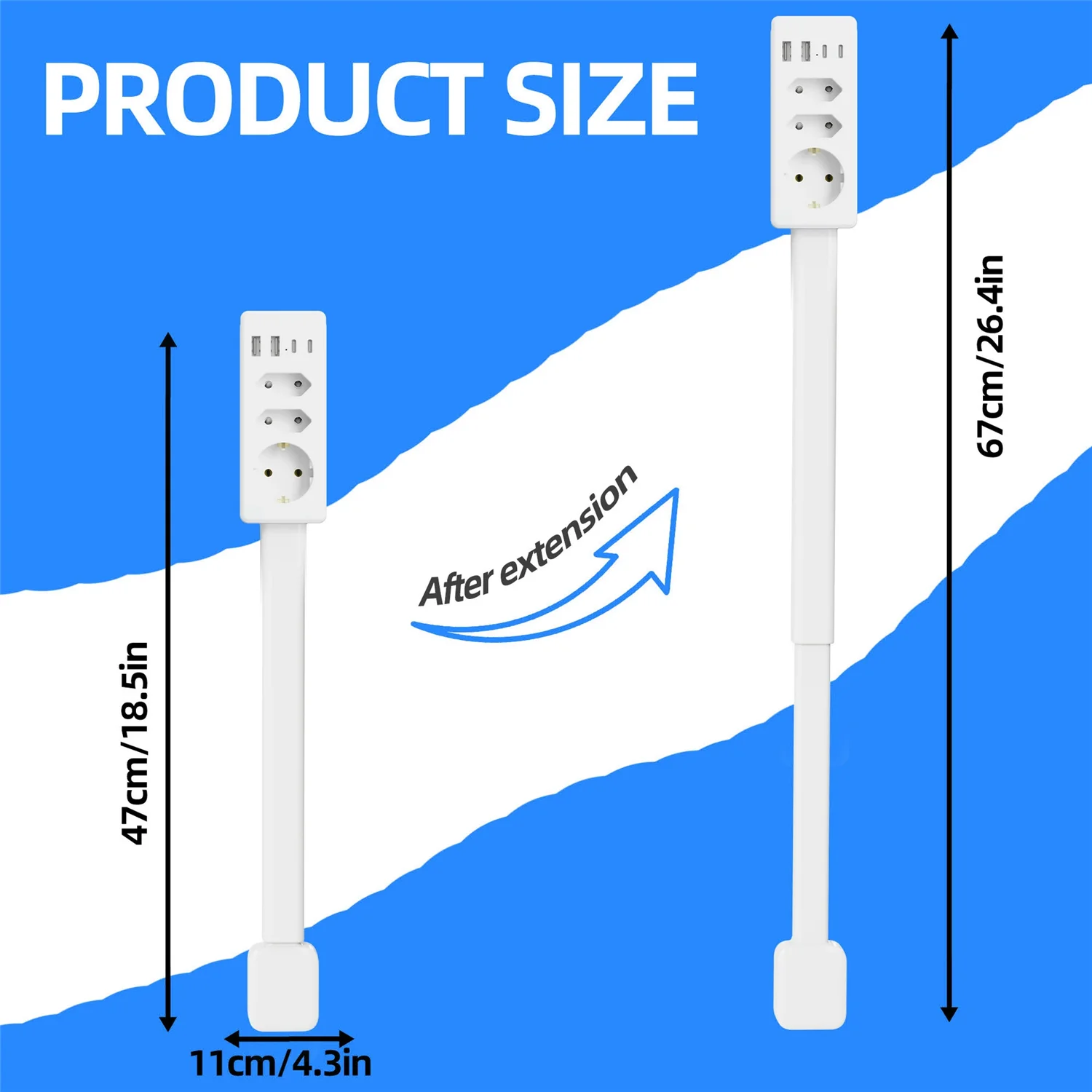 

Power Outlet Extender Retractable Socket Supports 20W Fast Charging Features USB-A USB-C 3 AC Power Outlets Extends 47-67cm