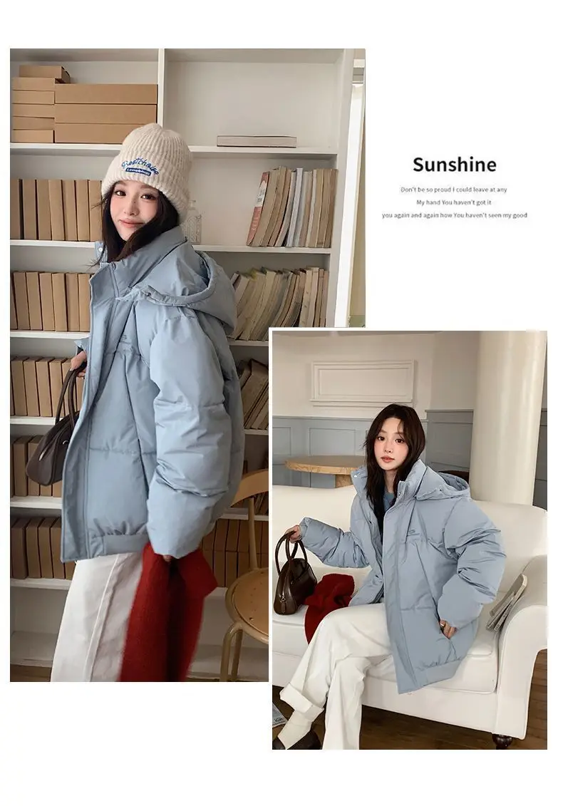 Korean Style Thickened Puffer Jacket for Women Loose Fit Warm Padded Coat Students Winter Solid Color All Match Hooded Parkas